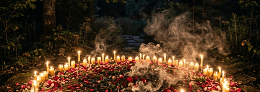 Circle of lit candles and scattered rose petals on forest ground under starry sky