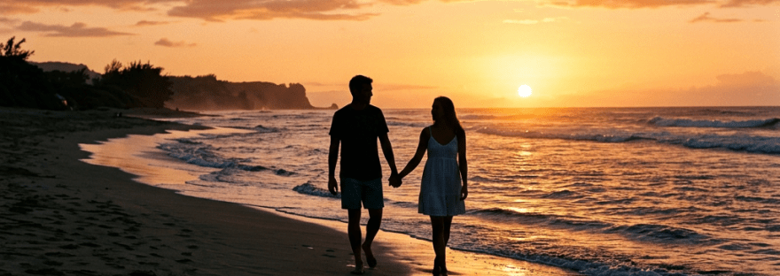 Couple holding hands walking on sandy beach with ocean waves at sunset