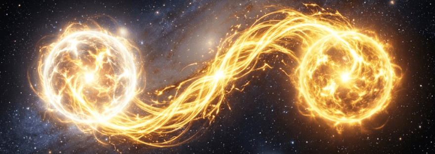Two bright stars in space linked by glowing, flowing energy streams