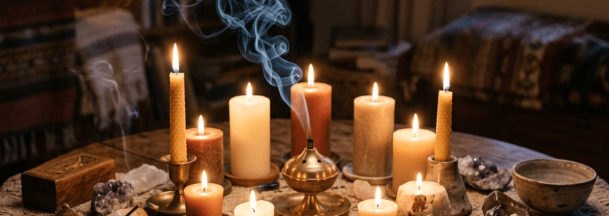 Wooden table with lit candles, crystals, incense smoke, and a tarot card