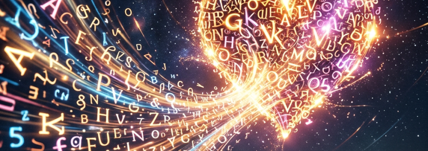 Luminous heart shape composed of glowing letters against a starry sky