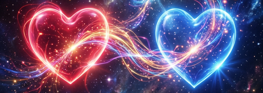 Two neon hearts in red and blue connected by flowing colorful light streams against a starry space background