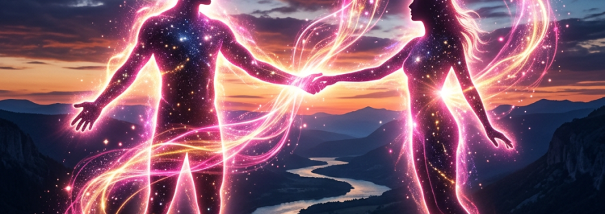 Glowing male and female figures holding hands with swirling pink and orange light, stars visible within their forms, set against a twilight sky and mountainous landscape.