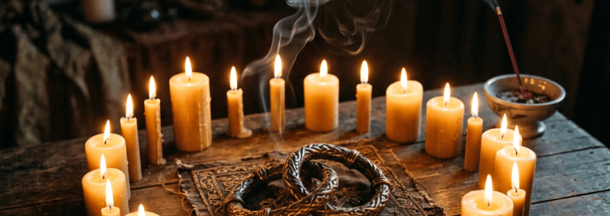 Circle of lit candles and incense with two ancient bracelets on wooden table