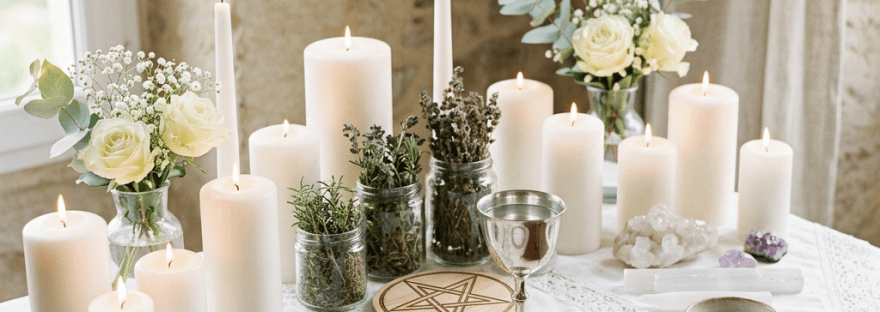 Altar with lit white candles, crystals, jars of herbs, a chalice, a pentacle, and a leather-bound book