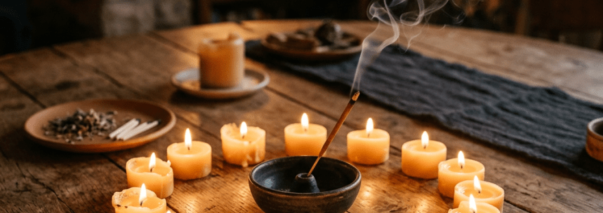Circle of lit small candles around a burning incense stick on a wooden table