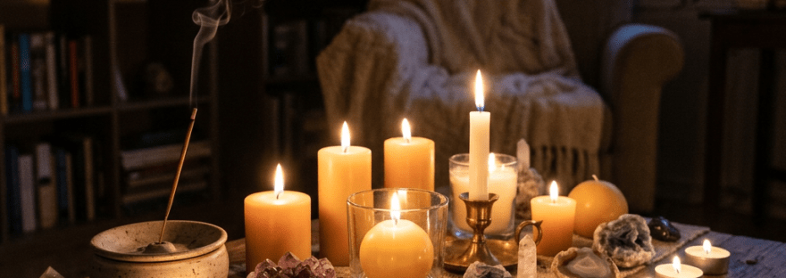 Table with lit candles, crystals, and incense stick emitting smoke in a cozy room