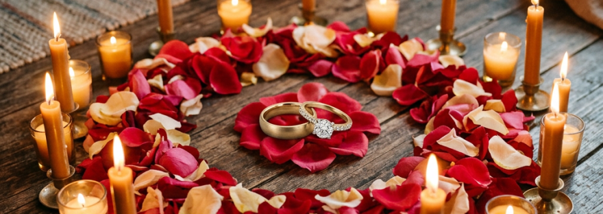 Two wedding rings on red rose petals in a circle of lit candles
