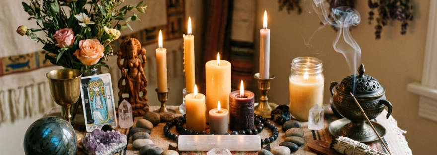 Spiritual altar with lit candles, crystals, incense, tarot card, and flowers