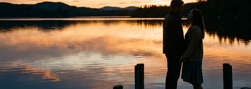Couple standing on a wooden dock holding hands at sunset over a calm lake