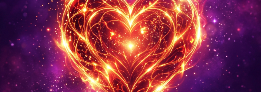 Glowing heart formed by fiery lines and sparks with purple cosmic background