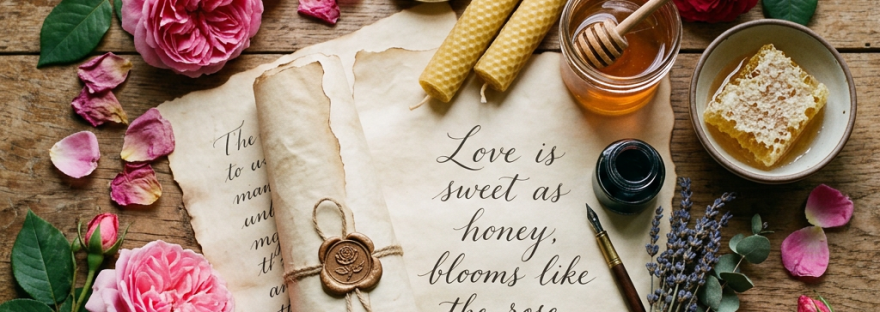 Love letter with roses, beeswax candles, honey jar, honeycomb, lavender, ink, and old key on wooden surface