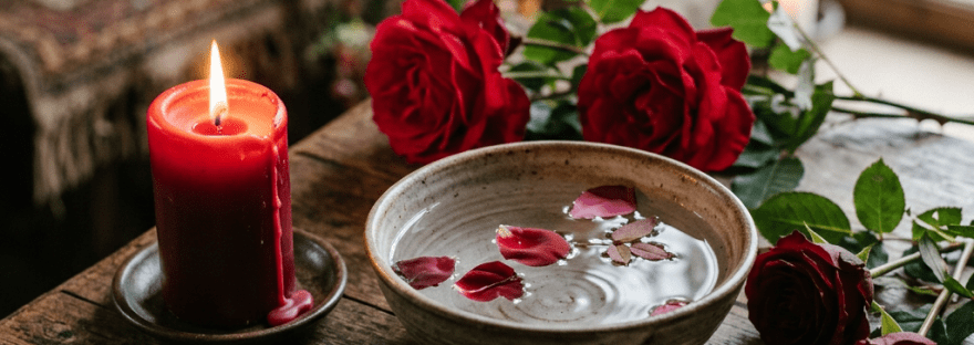 Red candle burning beside bowl with water and rose petals, surrounded by red roses and coins on wooden table