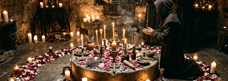 Three hooded monks performing a ritual around a stone altar with candles, incense, and rose petals