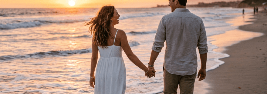 Couple holding hands walking barefoot on a beach near ocean at sunset