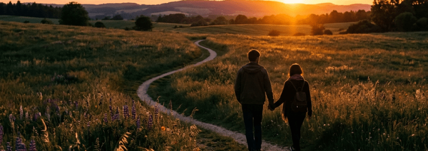 Couple walking hand in hand on dirt path through meadow at sunset