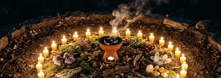 Circular altar with lit candles, crystals, herbs, and incense smoke at night outdoors