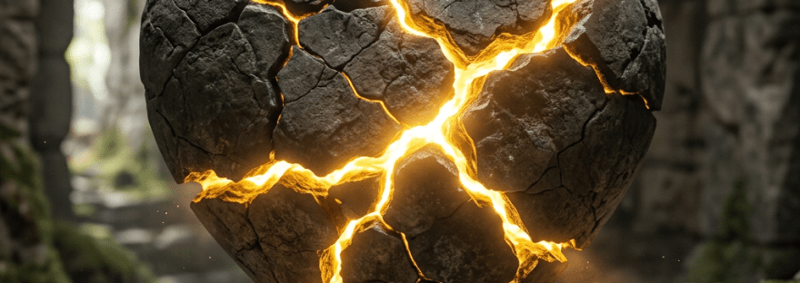 Heart-shaped stone cracked open with glowing orange light inside