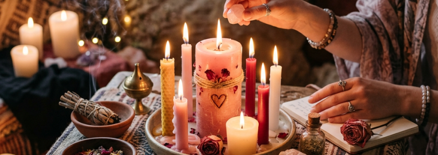 Person placing a crystal near lit candles and tarot cards on a wooden table
