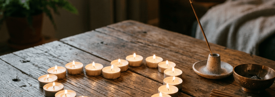 Heart-shaped arrangement of lit tea candles on a wooden table with incense stick and holders