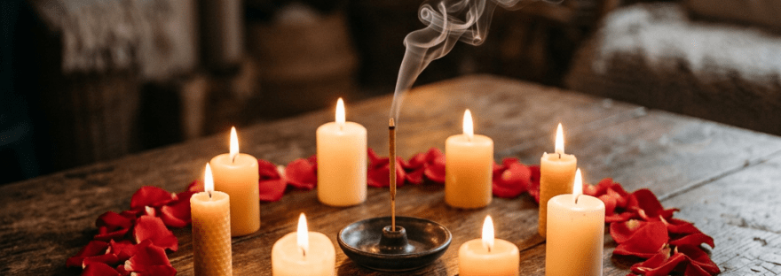 Seven lit candles and a burning incense stick encircled by red rose petals on a rustic wooden table