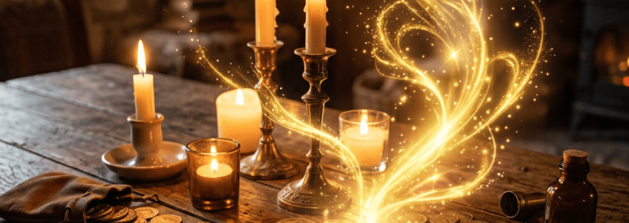Golden coins on a rustic wooden table with magical sparkles and candles